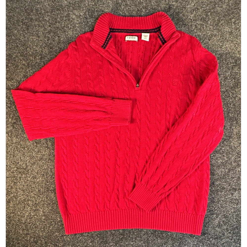 IZOD Men's 1/4 Zip Mock Neck Cable-Knit Cotton Pullover Sweater XL Red, Chunky